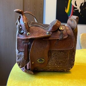 Tooled Brown Leather Saddle Bag